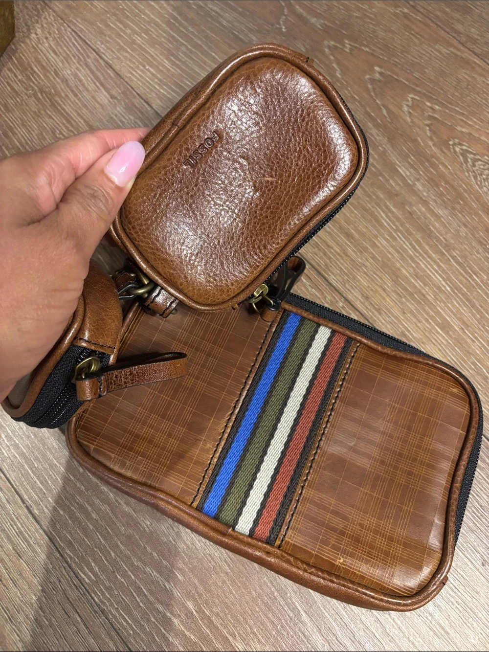 Fossil Brown Leather triple pouch set Organizer with Striped Accent